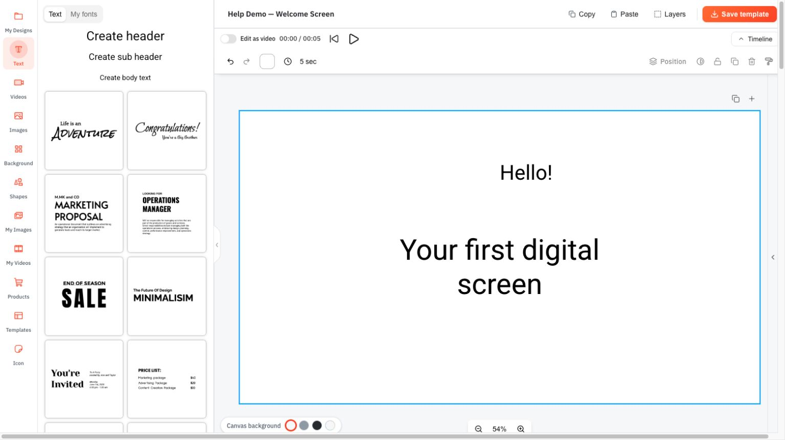 Content tools are on the left, the page is in the middle, and Save template is at the top-right.