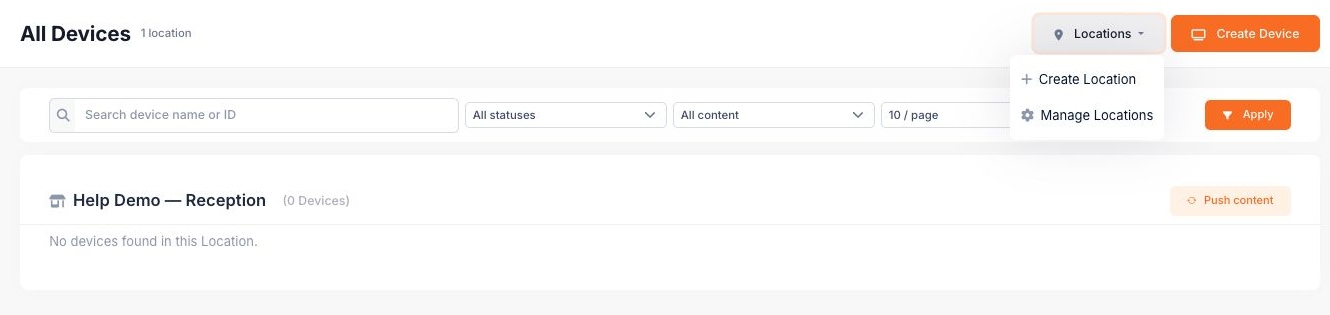 Find the location actions and the Create Device button on the Devices page.